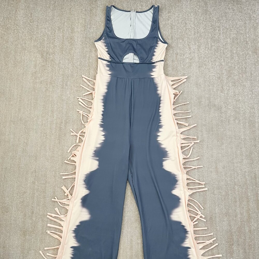 Boho Fringe Wide Leg Tank Cutout Stretch Jumpsuit L